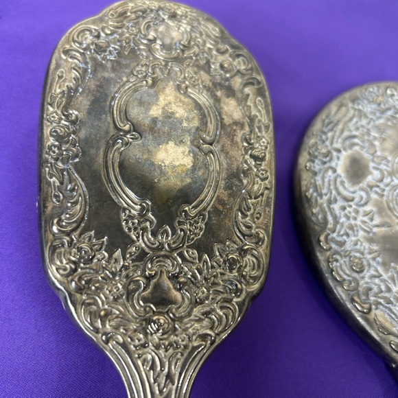 Vanity Set Vintage Silver Plated Hand Mirror & Hair Brush Victorian Heavy - Picture 5 of 8
